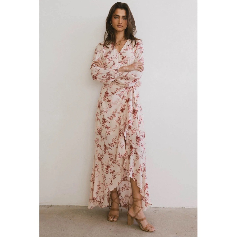 Böhme Mariana Floral Wrap Dress Womens Medium Pink Burgundy Long Sleeve Maxi